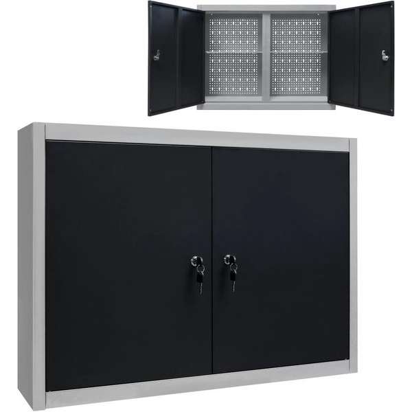 Gereedschapskast voor aan de wand metaal grijs en zwart Gereedschapskast voor aan de wand metaal grijs en zwart