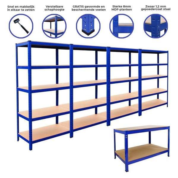 4 x T-Rax Stellingkasten + Werkbank - Blauw - 100% boutloos - Draagkracht : 1400 kg & 400 kg - opbergrekken metaal bundel 4 x T-Rax Stellingkasten + Werkbank - Blauw - 100% boutloos - Draagkracht : 1400 kg & 400 kg - opbergrekken metaal bundel