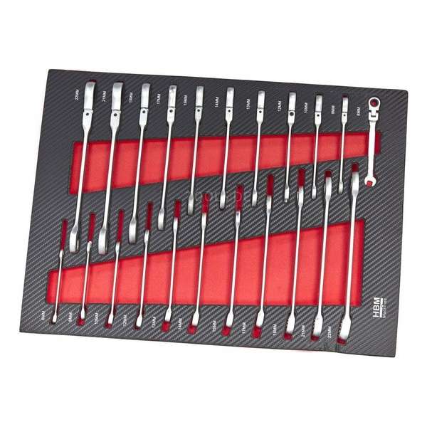 HBM 22 Delige Ring Ratel Steeksleutelset in Carbon Foam inlay voor Gereedschapswagen HBM 22 Delige Ring Ratel Steeksleutelset in Carbon Foam inlay voor Gereedschapswagen