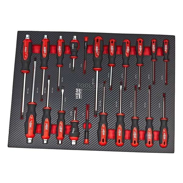 HBM 23 Delige Schroevendraaierset in Carbon Foam inlay voor Gereedschapswagen HBM 23 Delige Schroevendraaierset in Carbon Foam inlay voor Gereedschapswagen