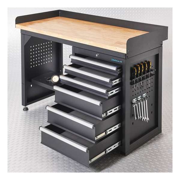Datona® Werkbank PRO - eiken werkblad - 6 lades - 150 cm - Zwart Datona® Werkbank PRO - eiken werkblad - 6 lades - 150 cm - Zwart