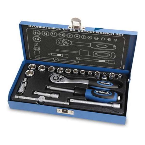 Hyundai 20-delige set doppen 1/4'' ' CrV - dopsleutels / doppenset in stijlvolle metalen opbergkoffer Hyundai 20-delige set doppen 1/4'' ' CrV - dopsleutels / doppenset in stijlvolle metalen opbergkoffer