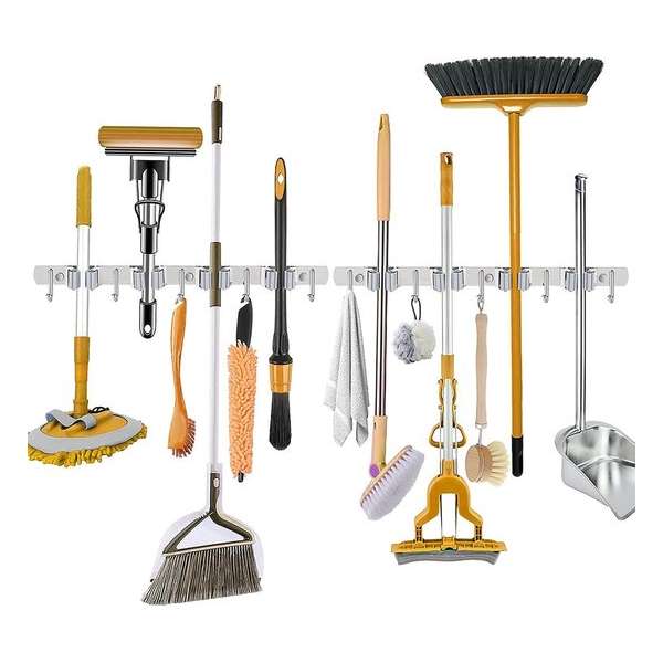 Gereedschapshouder | 2 Stuks | Roestvrijstaal | Wandhouder | Bezemhouder | Garage Organizer | 8 Houders | 10 Haken Gereedschapshouder | 2 Stuks | Roestvrijstaal | Wandhouder | Bezemhouder | Garage Organizer | 8 Houders | 10 Haken