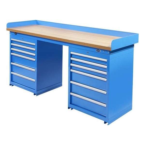 Datona® Werkbank PRO - eiken werkblad - 12 lades - 200 cm - Blauw Datona® Werkbank PRO - eiken werkblad - 12 lades - 200 cm - Blauw