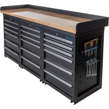 Datona® Werkbank PRO - eiken werkblad - 18 lades - 200 cm -  Zwart