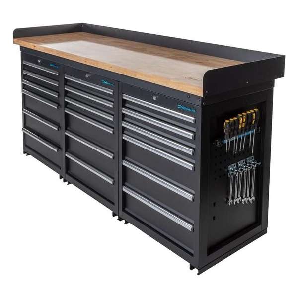 Datona® Werkbank PRO - eiken werkblad - 18 lades - 200 cm -  Zwart