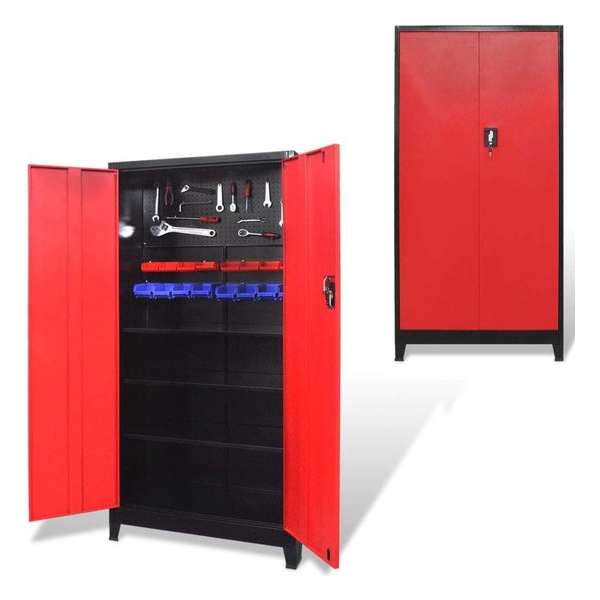 vidaXL Gereedschapskast met 2 deuren 90x40x180 cm staal zwart en rood