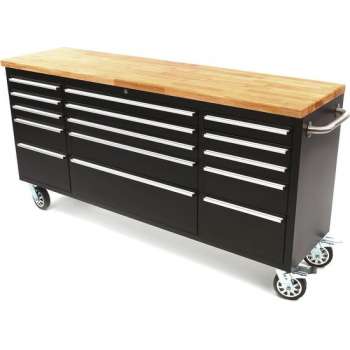 182 cm. Professionele Gereedschapswagen / Werkbank met Houten Blad - ZWART