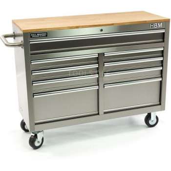 HBM 117 cm Verrijdbare Gereedschapswagen, Werkbank met Houten werkblad - RVS