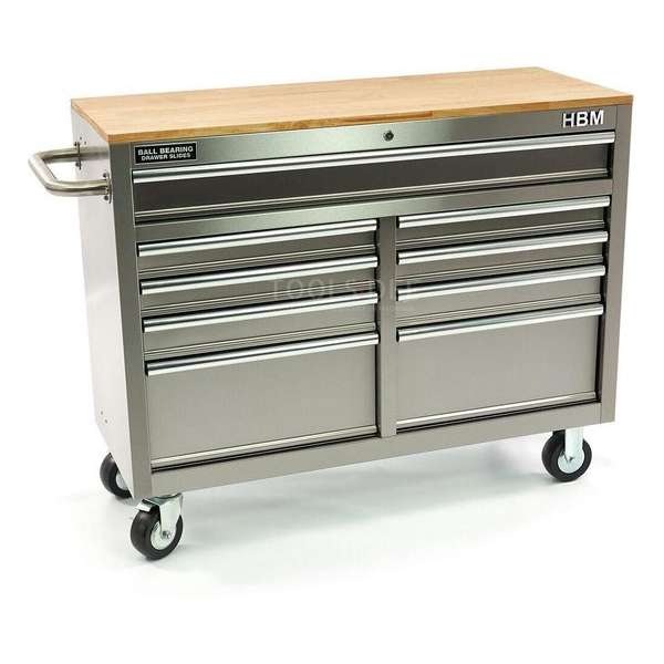 HBM 117 cm Verrijdbare Gereedschapswagen, Werkbank met Houten werkblad - RVS