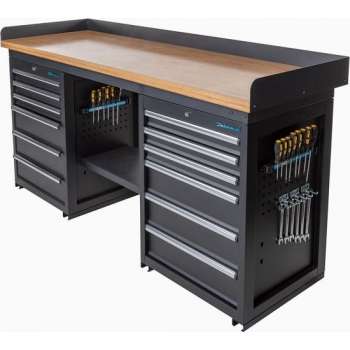 Datona® Werkbank PRO - bamboe werkblad - 12 lades - 200 cm -  Zwart