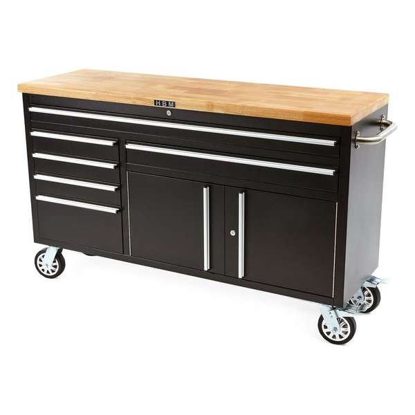 HBM 152 cm PROFI gereedschapswagen / werkbank met houten blad ZWART