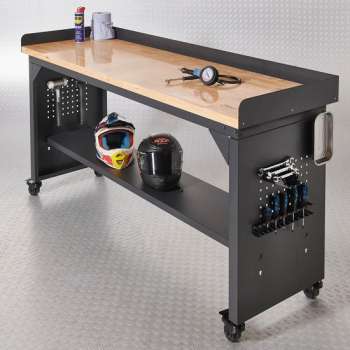 Datona® Werkbank PRO met eiken werkblad en legbord verrijdbaar - 200 cm - Zwart