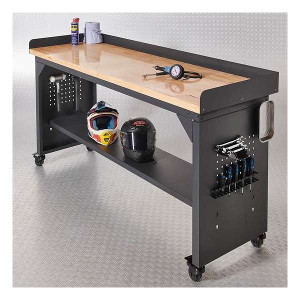 Datona® Werkbank PRO met eiken werkblad en legbord verrijdbaar - 200 cm - Zwart Datona® Werkbank PRO met eiken werkblad en legbord verrijdbaar - 200 cm - Zwart
