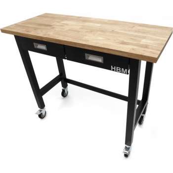 Professionele 122 cm Verrijdbare Werkbank Met 2 Laden en Massief Houten Werkblad