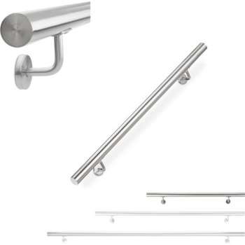 relaxdays trapleuning rvs - 42 mm - leuning - binnen - buiten - houders - metaal - muur