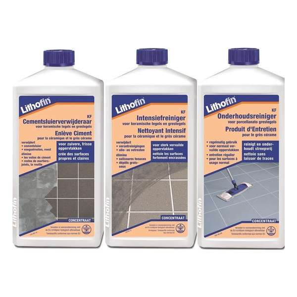 Lithofin KF Reinigingsset NIEUWE VLOER - Cementsluier, Intensief- en Onderhoudsreiniger - KERAMISCHE TEGELS - 3 x 1L Lithofin KF Reinigingsset NIEUWE VLOER - Cementsluier, Intensief- en Onderhoudsreiniger - KERAMISCHE TEGELS - 3 x 1L
