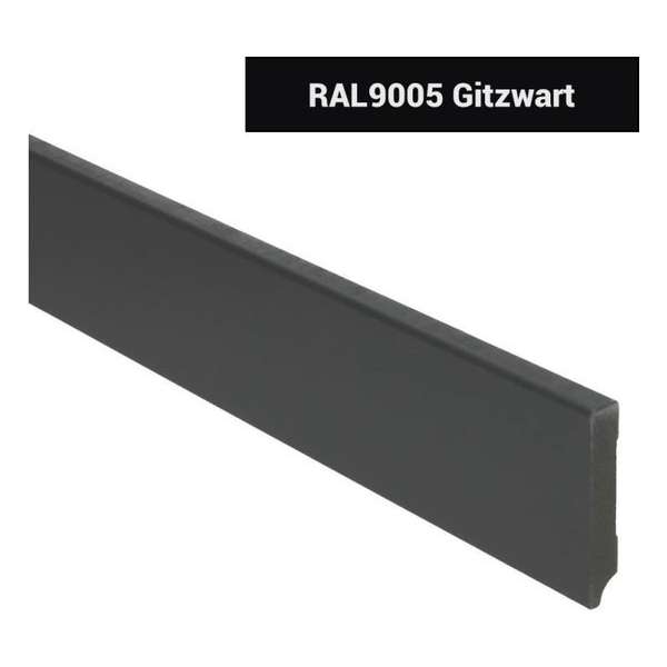Hoge plinten - MDF - Moderne plint 70x12 mm - Zwart - Voorgelakt - RAL 9005 - Per stuk 2,4m Hoge plinten - MDF - Moderne plint 70x12 mm - Zwart - Voorgelakt - RAL 9005 - Per stuk 2,4m