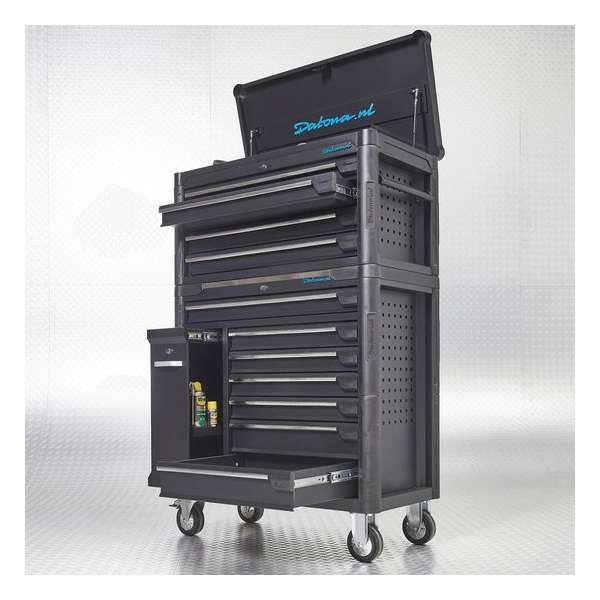 Datona® Gereedschapswagen 7 laden met gereedschapskist 4 laden + deur 100 cm - Mat Zwart Datona® Gereedschapswagen 7 laden met gereedschapskist 4 laden + deur 100 cm - Mat Zwart