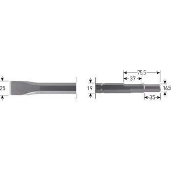 Rotec - platte beitel 25 x 400 mm, 6-kant 19 mm. / Ø 16,5 x 35 mm.