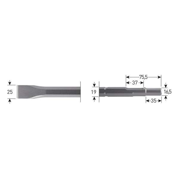 Rotec - platte beitel 25 x 400 mm, 6-kant 19 mm. / Ø 16,5 x 35 mm. Rotec - platte beitel 25 x 400 mm, 6-kant 19 mm. / Ø 16,5 x 35 mm.