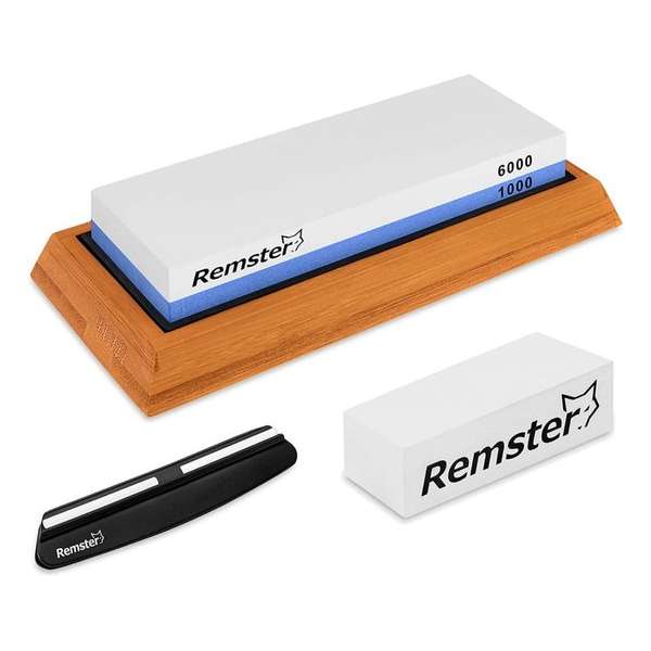 Slijpsteen, 2-in-1 messenslijper, set 6000/1000, antislip bamboeblok