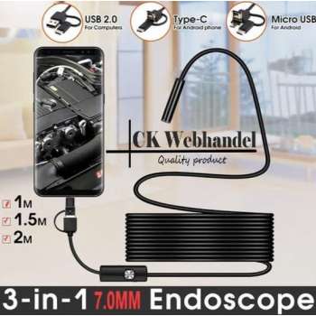 Endoscoop Camera - 7mm - 2 m - Flexibele Kabel - Snake Borescope - Inspectie camera - Android Smartphone - PC